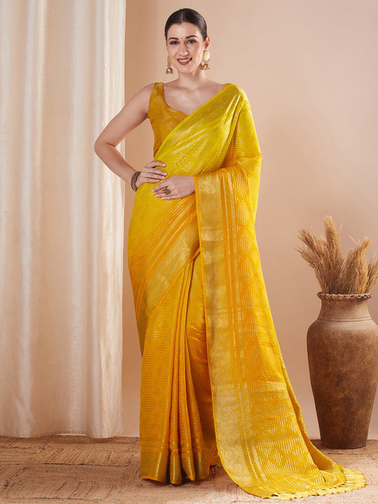 Yellow Yellow Banarasi Pure Georgette Woven Saree