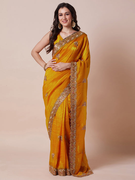 Yellow Mustard Party Wear Satin Silk Embellished Saree