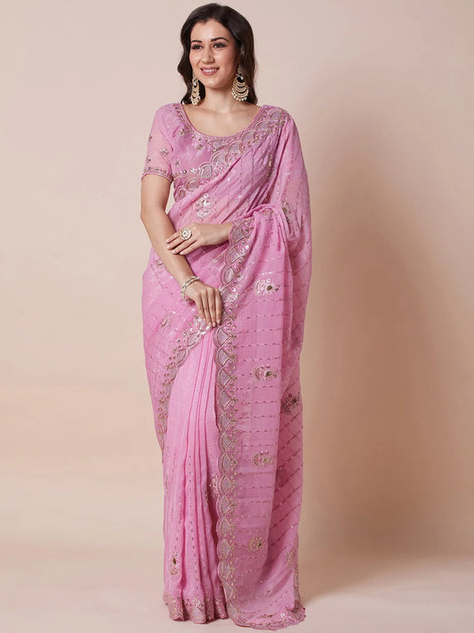 Pink Pink Party Wear Pure Georgette Embellished Saree