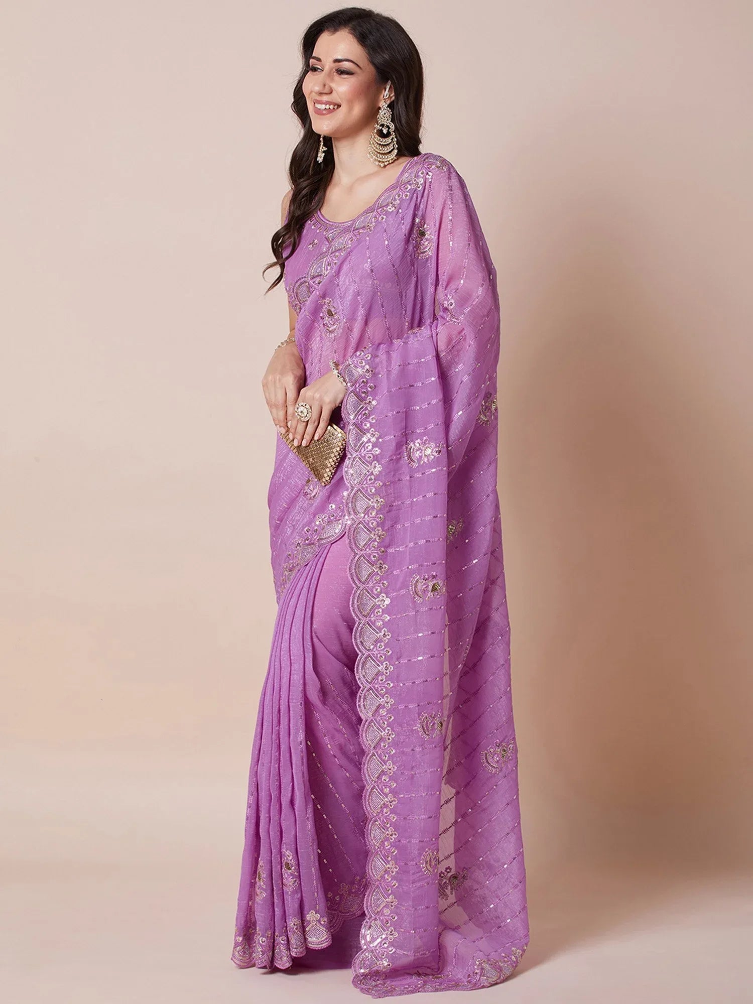 Lavendar Party Wear Pure Georgette Embellished Saree - The Dori Store