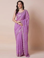 Lavendar Party Wear Pure Georgette Embellished Saree - The Dori Store