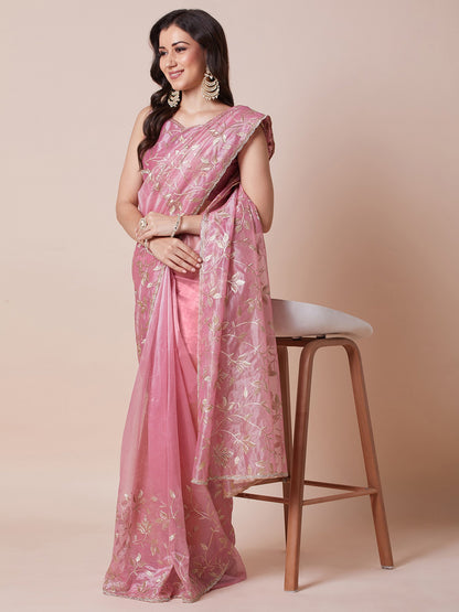 Pink Party Wear Net Embellished Saree
