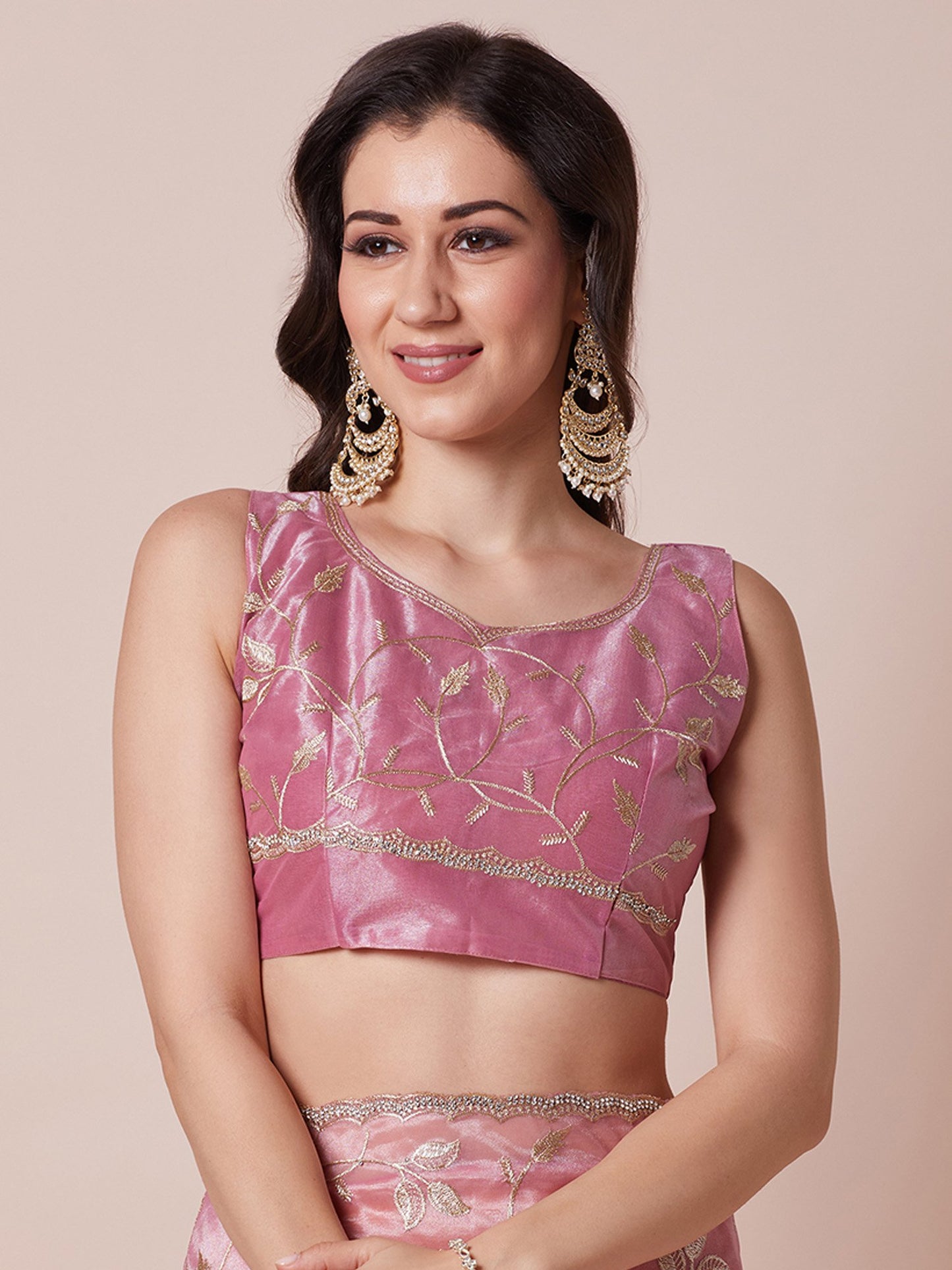 Pink Party Wear Net Embellished Saree