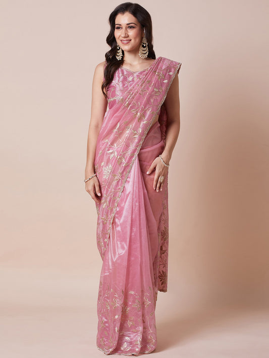 Pink Pink Party Wear Net Embellished Saree