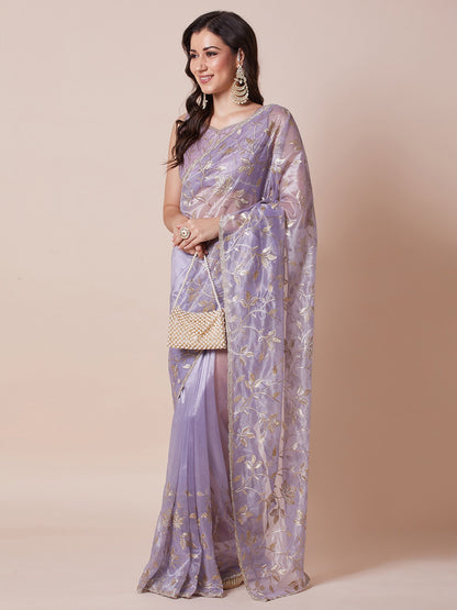 Lavendar Party Wear Net Embellished Saree