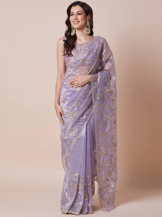 Lavender Lavendar Party Wear Net Embellished Saree