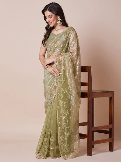 Light Party Wear Net Embellished Saree