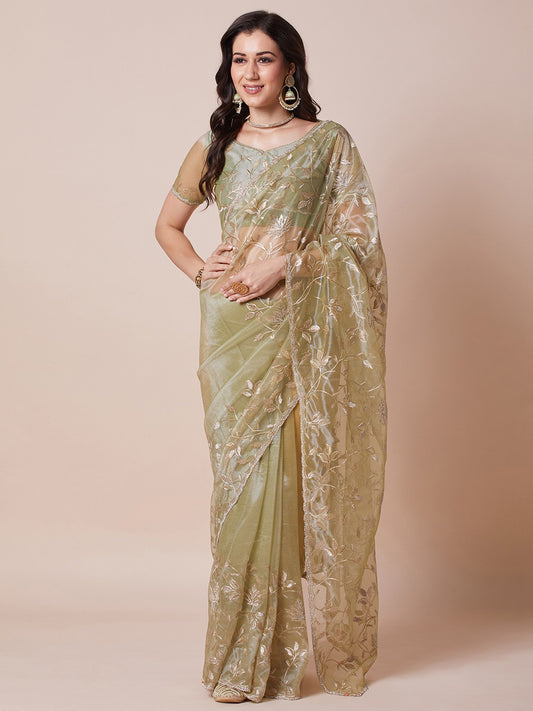Green Light Party Wear Net Embellished Saree