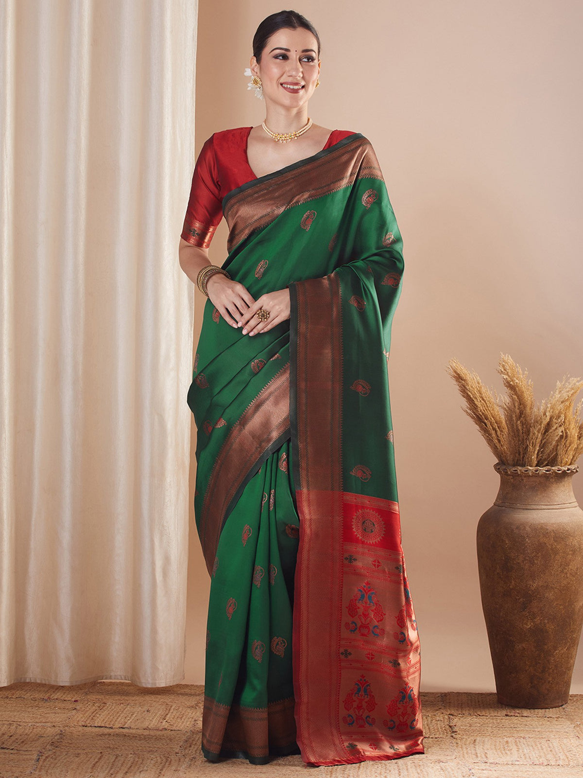 Green Green Paithani Silk Blend Woven Saree
