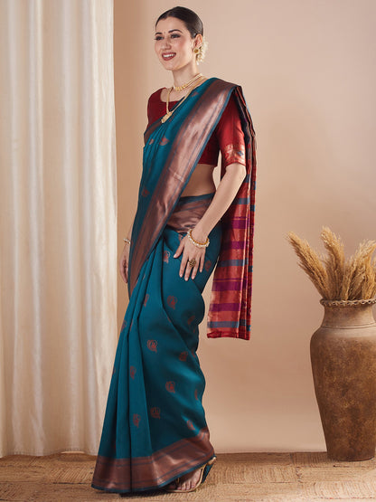 Teal Paithani Silk Blend Woven Saree