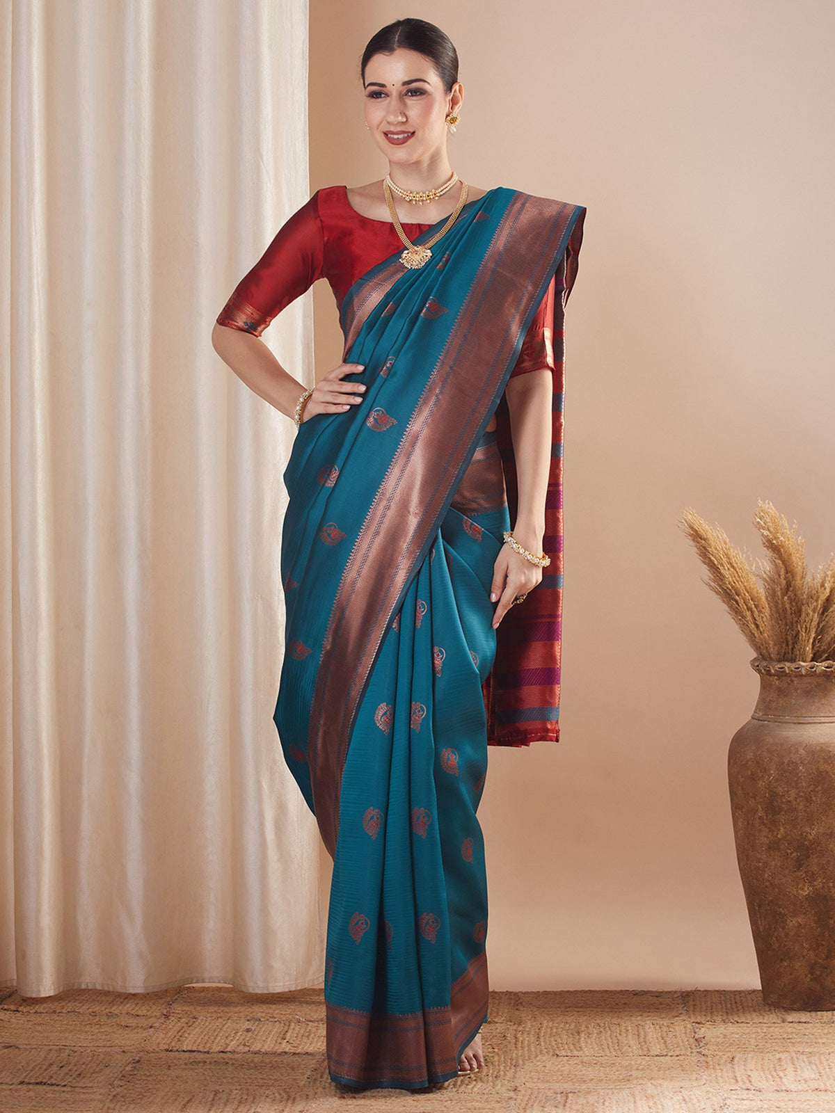 Blue Teal Paithani Silk Blend Woven Saree