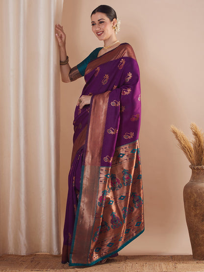 Purple Paithani Silk Blend Woven Saree