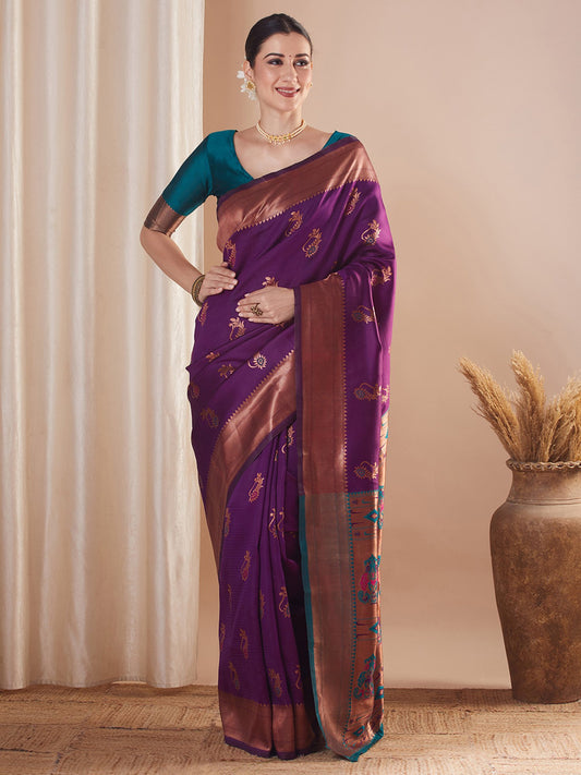 Purple Purple Paithani Silk Blend Woven Saree