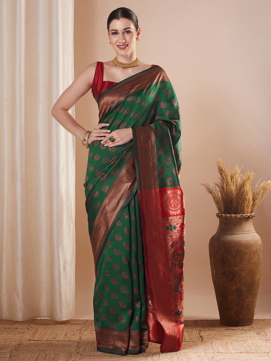 Green Green Paithani Silk Blend Woven Saree