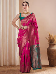 Pink Pink Banarasi Silk Blend Woven Saree