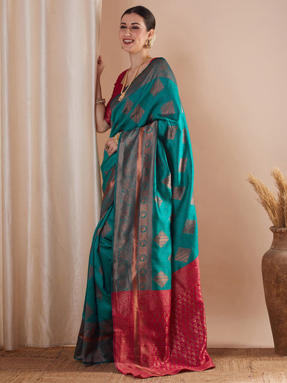 Blue Banarasi Silk Blend Woven Saree
