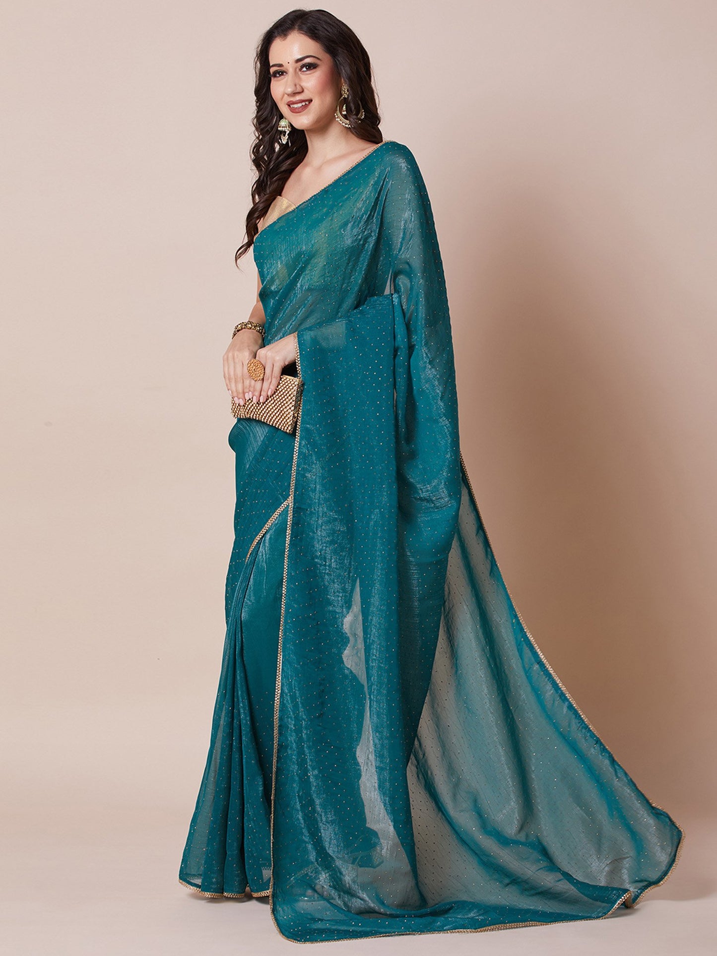 Teal Party Wear Satin Silk Embellished Saree