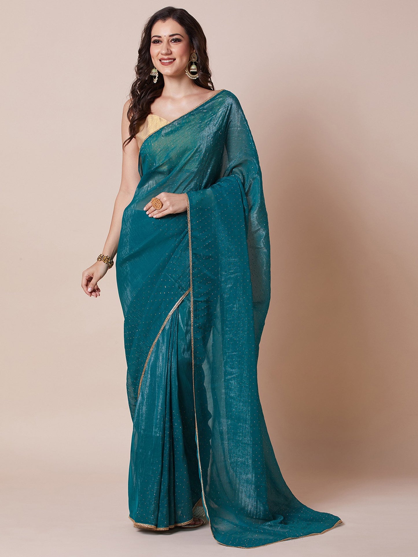 Blue Teal Party Wear Satin Silk Embellished Saree