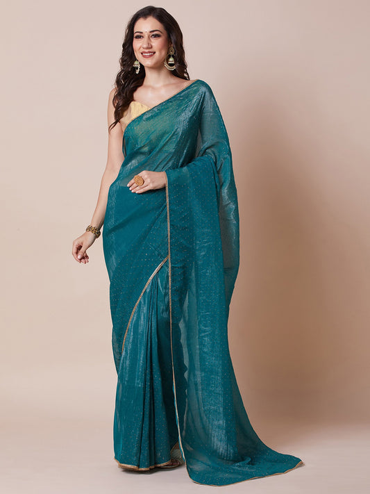 Blue Teal Party Wear Satin Silk Embellished Saree