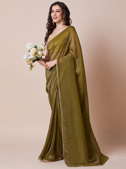 Olive Party Wear Satin Silk Embellished Saree