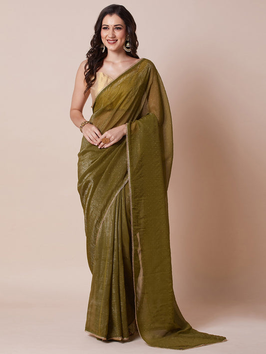 Green Olive Party Wear Satin Silk Embellished Saree