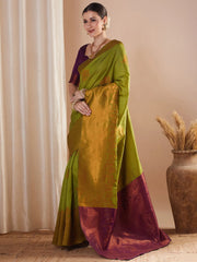 Olive Banarasi Silk Blend Woven Saree