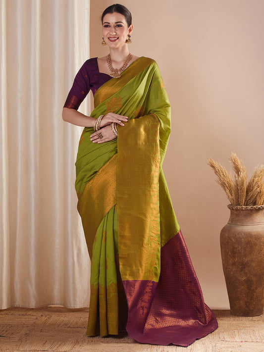 Green Olive Banarasi Silk Blend Woven Saree
