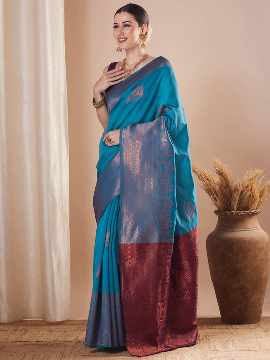 Blue Light Banarasi Silk Blend Woven Saree