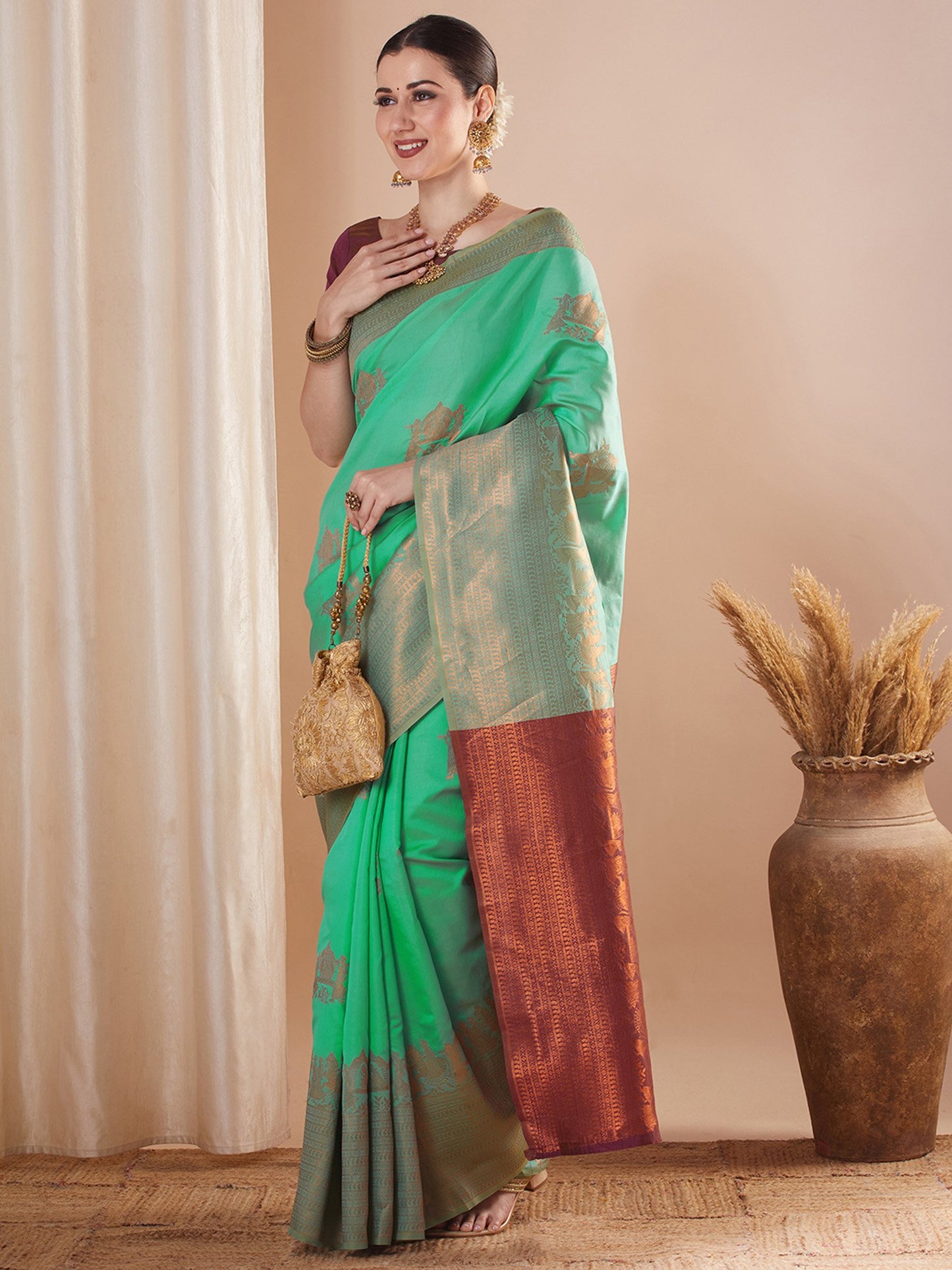Turquoise Banarasi Silk Blend Woven Saree