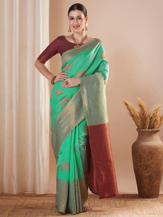Blue Turquoise Banarasi Silk Blend Woven Saree