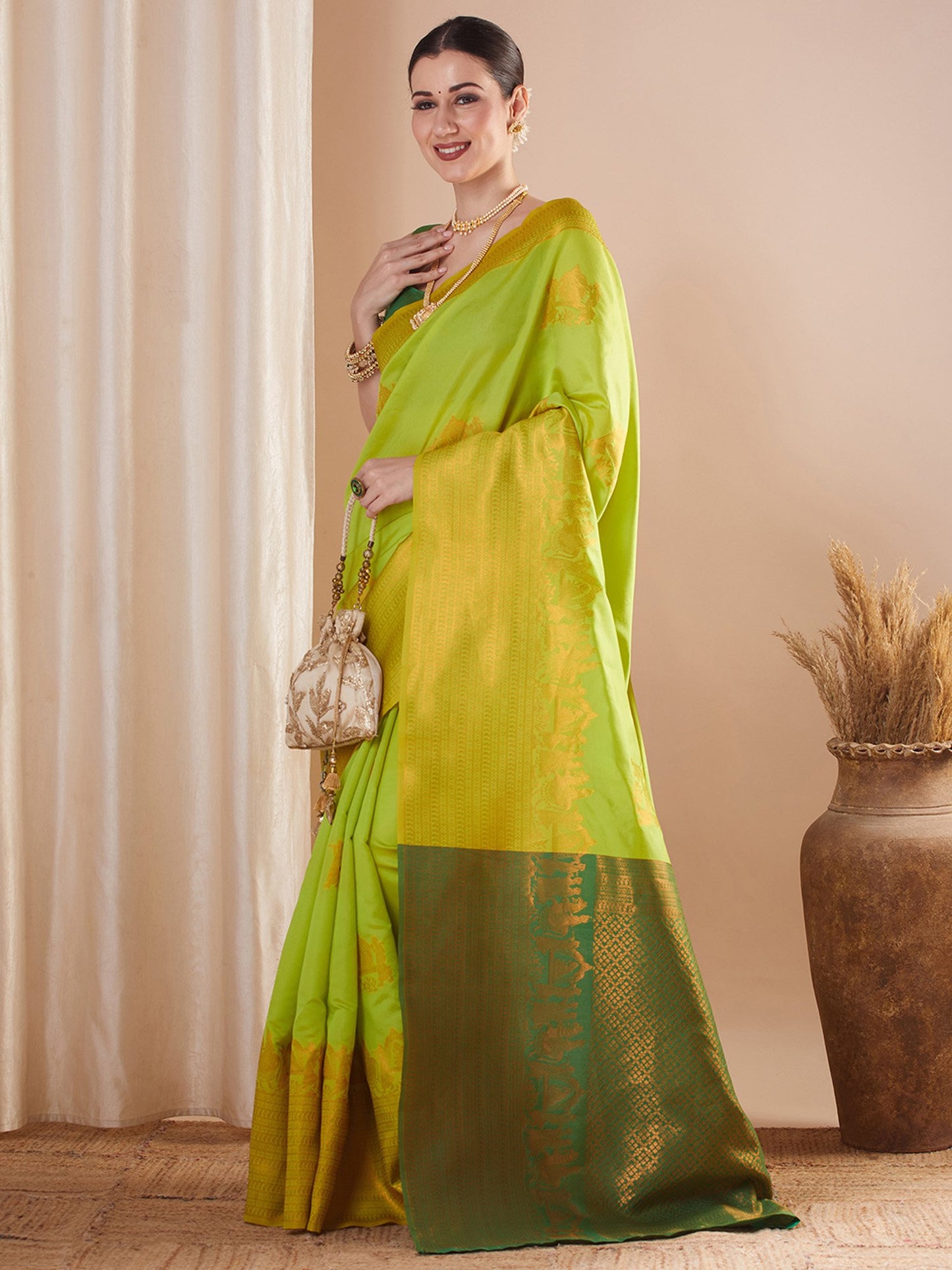 Lime Banarasi Silk Blend Woven Saree