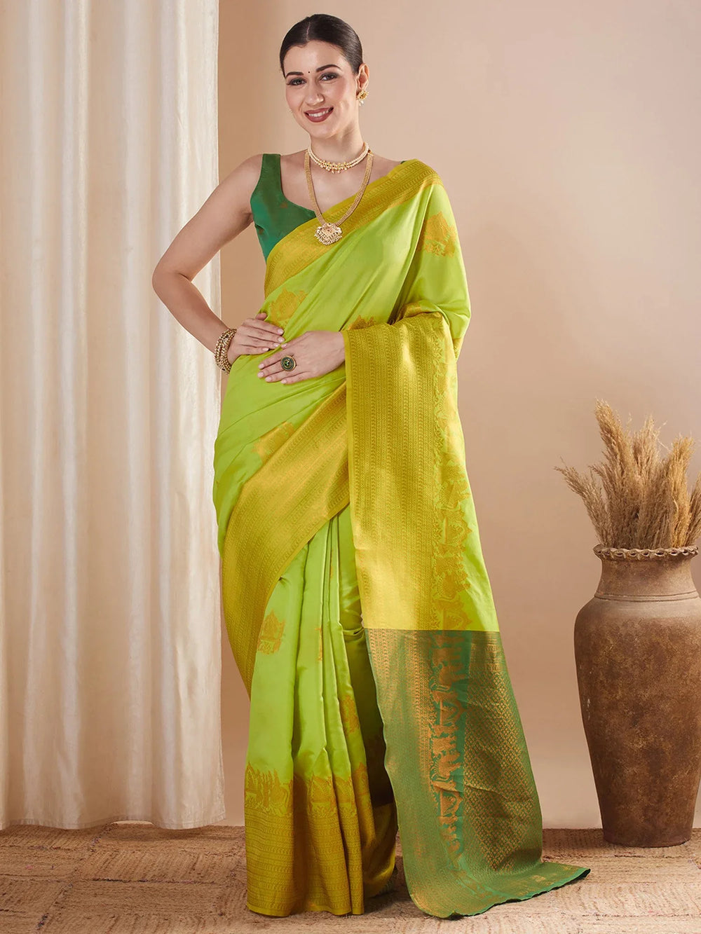 Green Lime Banarasi Silk Blend Woven Saree