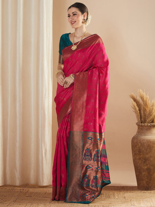 Pink Pink Paithani Silk Blend Woven Saree