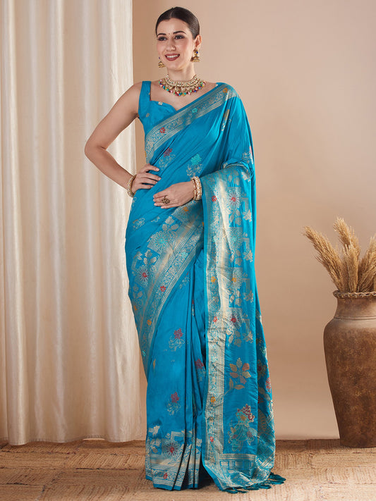 Blue Light Banarasi Silk Blend Woven Saree
