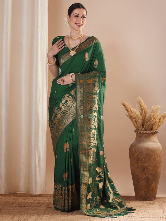 Green Green Banarasi Silk Blend Woven Saree