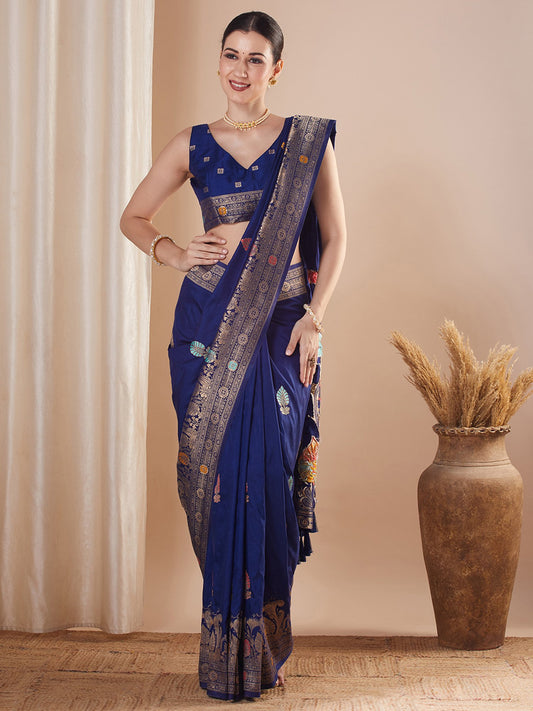 Navy Blue Navy Banarasi Silk Blend Woven Saree