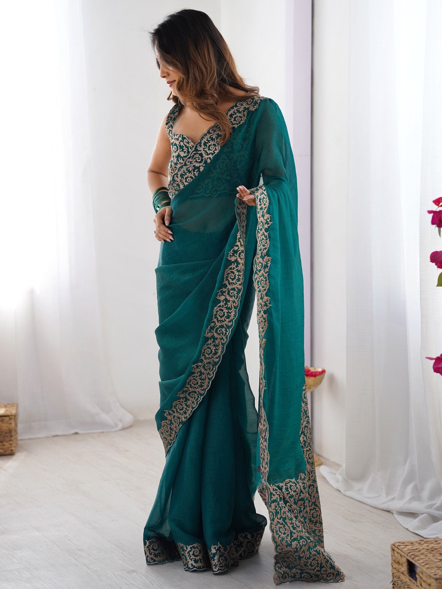 Teal Blue Party Wear Pure Chiffon Embroidered Saree