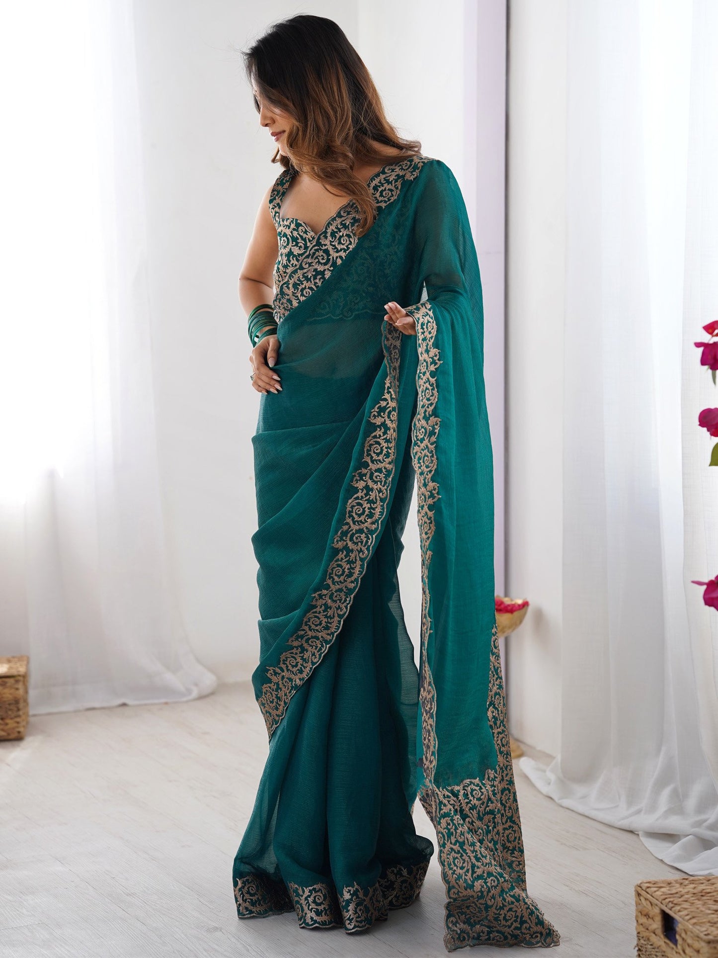 Teal Party Wear Pure Chiffon Embroidered Saree