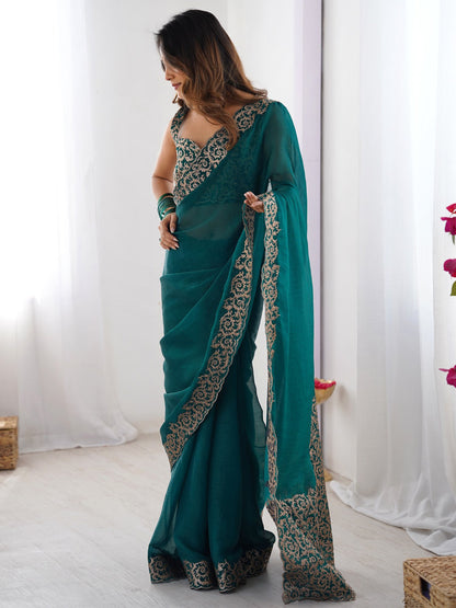 Teal Party Wear Pure Chiffon Embroidered Saree