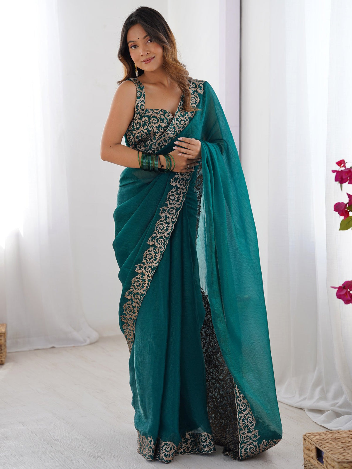 Blue Teal Party Wear Pure Chiffon Embroidered Saree