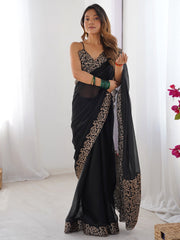 Black Black Party Wear Pure Chiffon Embroidered Saree