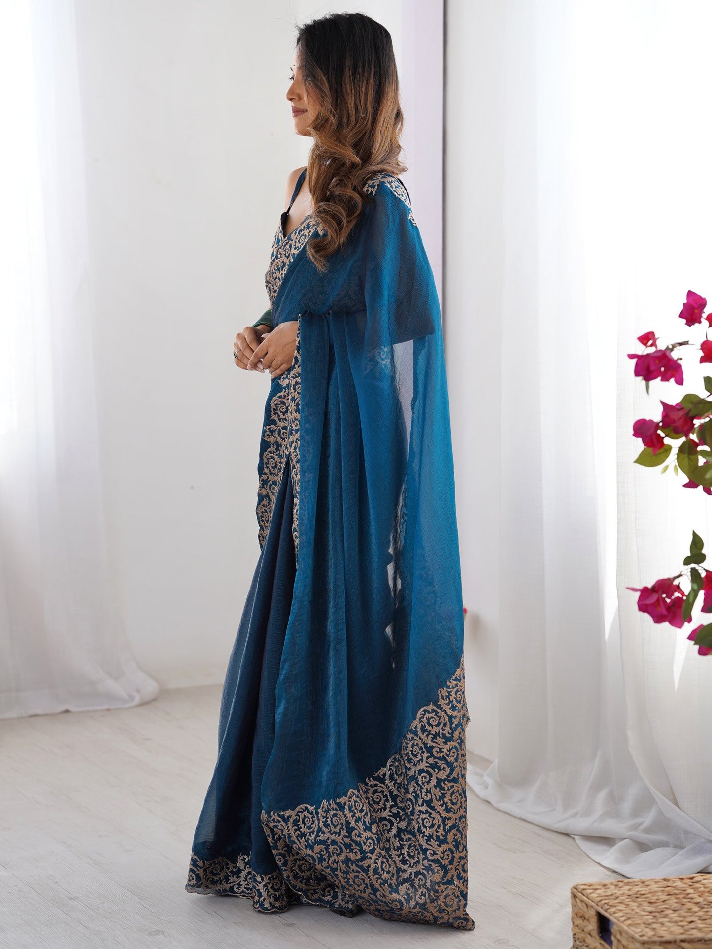 Teal Party Wear Pure Chiffon Embroidered Saree