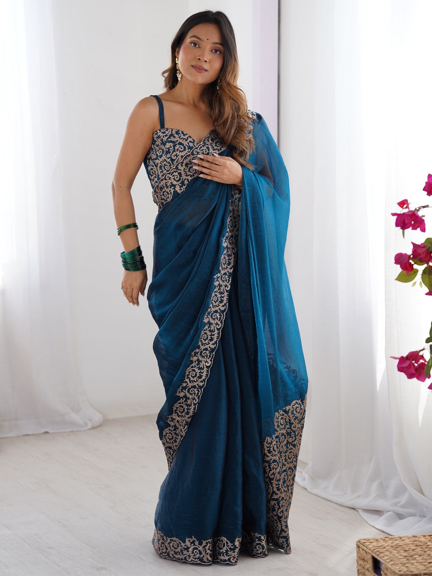 Blue Teal Party Wear Pure Chiffon Embroidered Saree