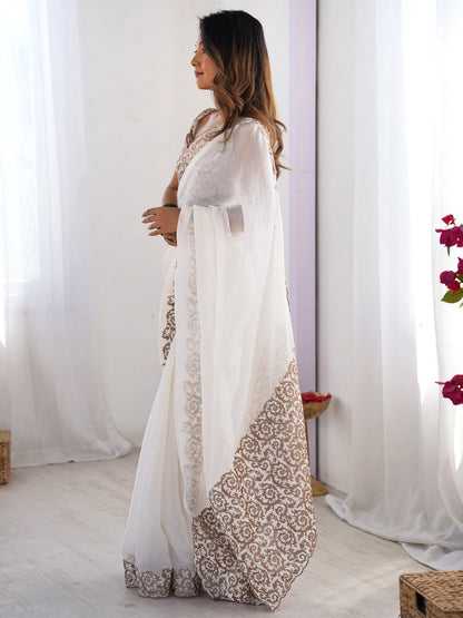 White Party Wear Pure Chiffon Embroidered Saree