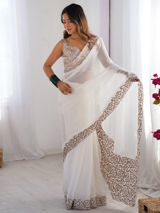 White White Party Wear Pure Chiffon Embroidered Saree