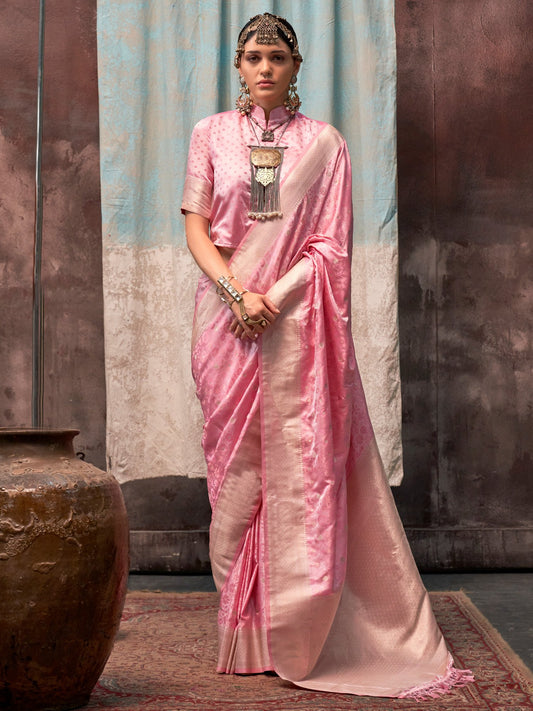 Pink Pink Banarasi Satin Silk Woven Saree