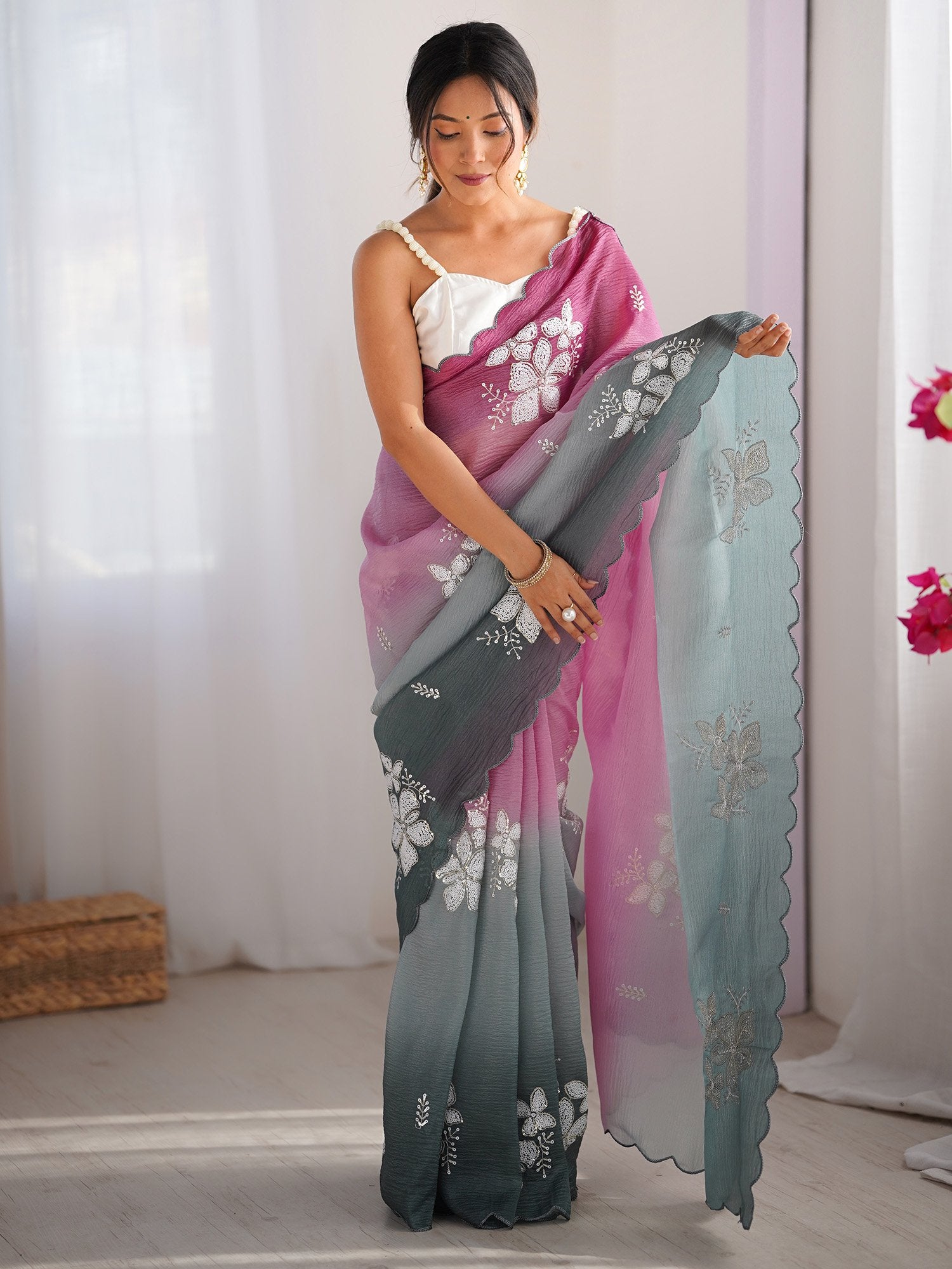 Pink Pink Party Wear Chiffon Embellished Saree