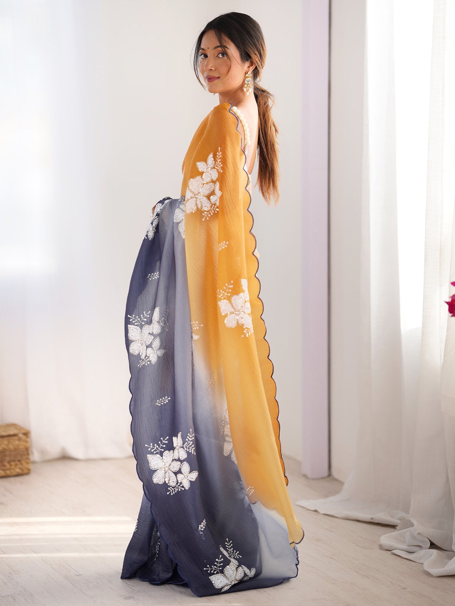 Mustard Party Wear Chiffon Embellished Saree