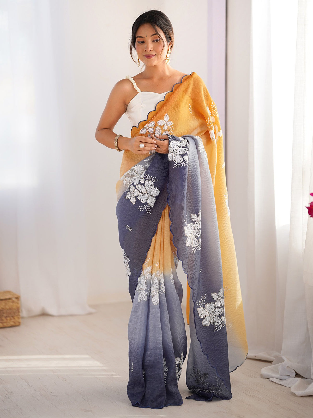 Yellow Mustard Party Wear Chiffon Embellished Saree