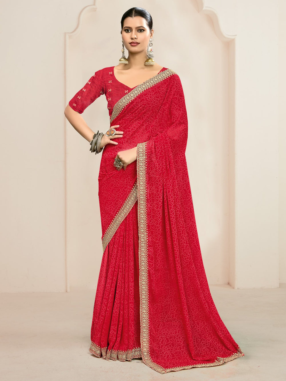 Red Red Party Wear Georgette Embroidered Saree